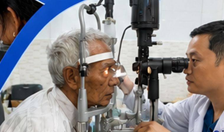 Bác sĩ khám mắt bằng sinh hiển vi cho người cao tuổi