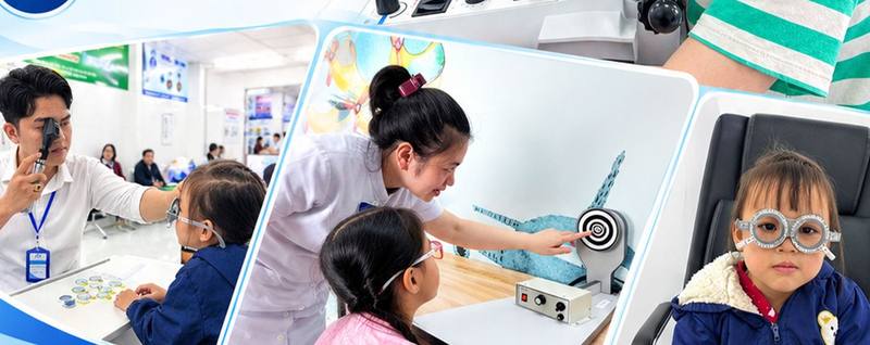 Trẻ em được khám và tập luyện thị giác tại trung tâm